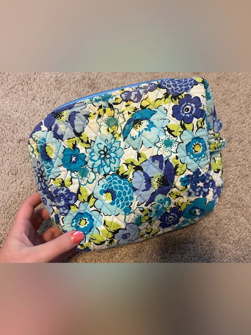 Quilted Vera Bradley Floral Cosmetic Pouch Bag in Blue & Lime
